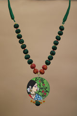Rangili | Chindi beads necklace | Green Handpainted Pendant