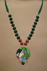 Rangili | Chindi beads necklace | Green Beads & Handpainted Pendant