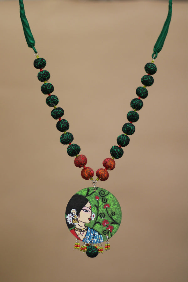 Rangili | Chindi beads necklace | Green Handpainted Pendant