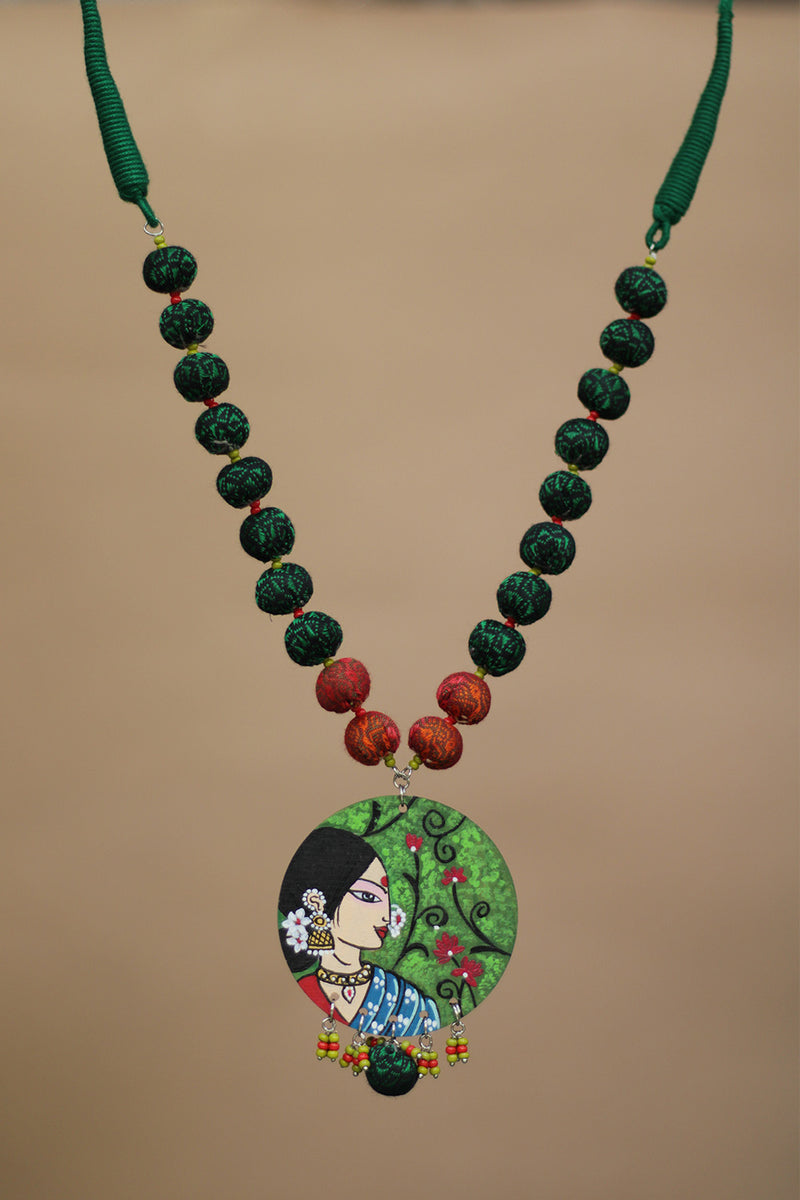 Rangili | Chindi beads necklace | Green Handpainted Pendant