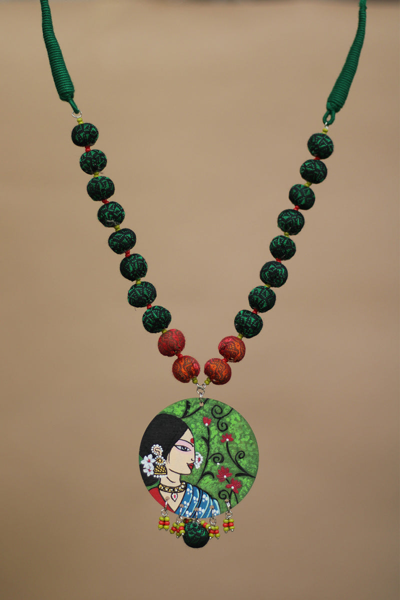 Rangili | Chindi beads necklace | Green Beads & Handpainted Pendant