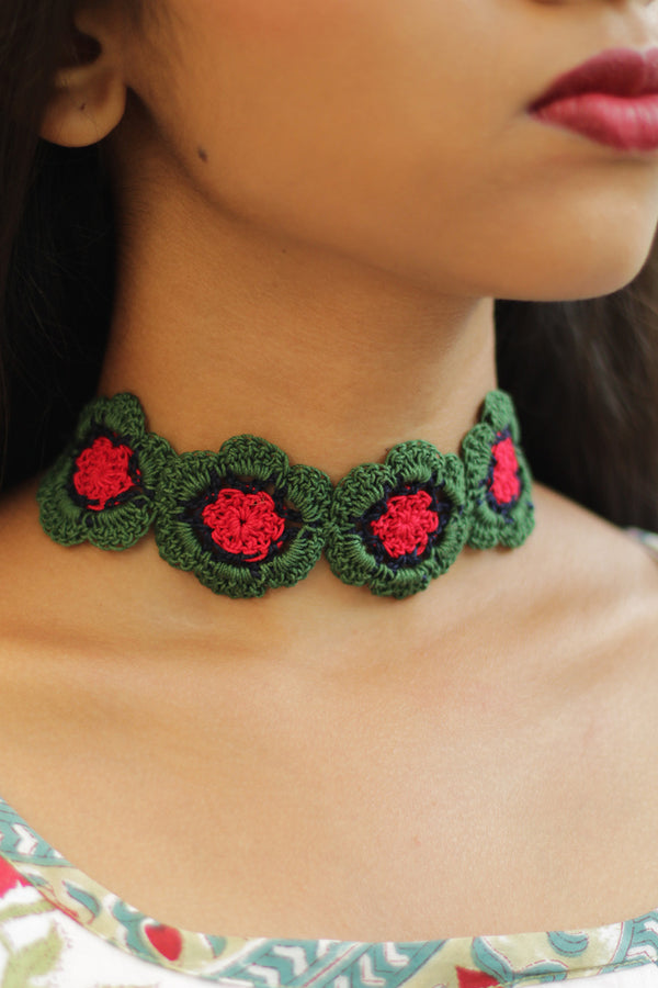 Komal | Crochet Choker Necklace| Green & Red