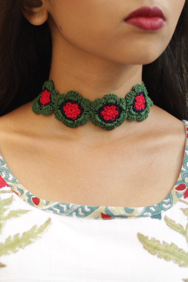 Komal | Crochet Choker Necklace| Green & Red