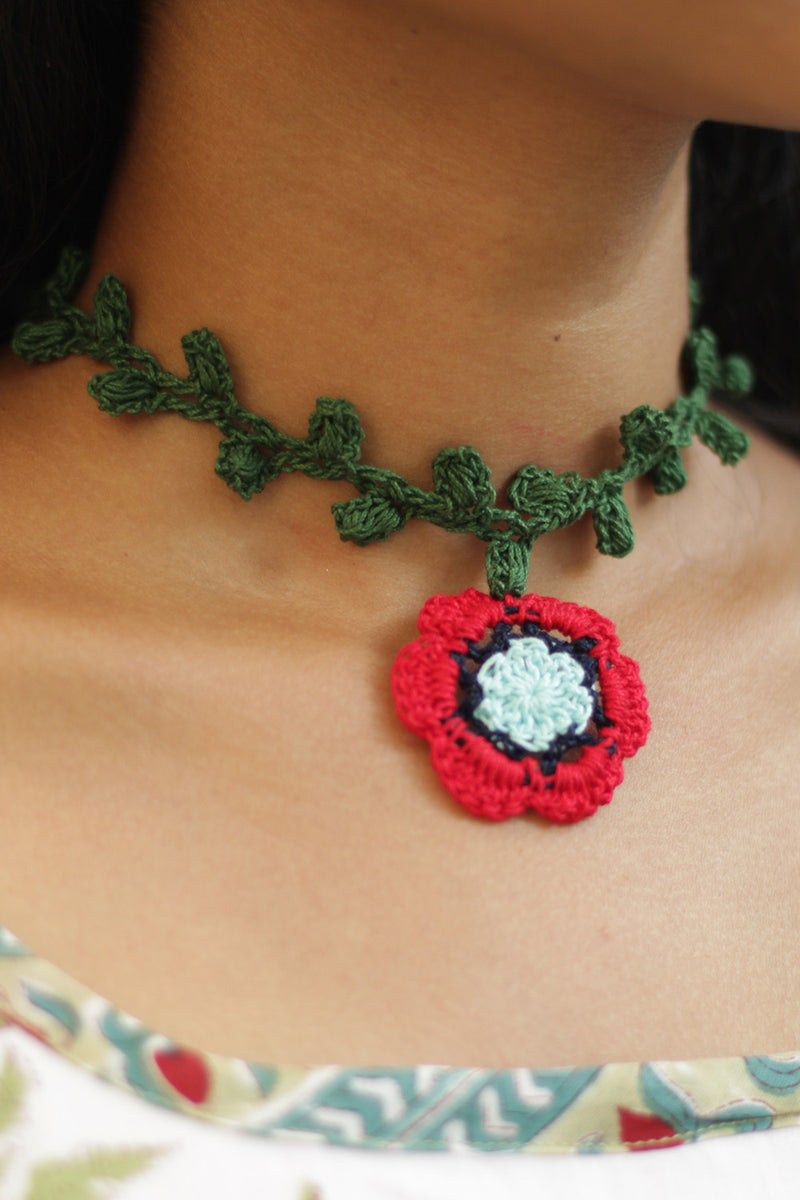 Komal | Crochet Choker Necklace| Green Leaf & Red Flower
