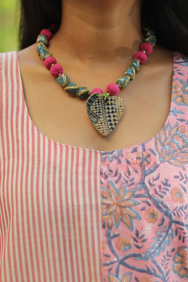 Necklace | Ceramic & Chindi beads | Heart pendant