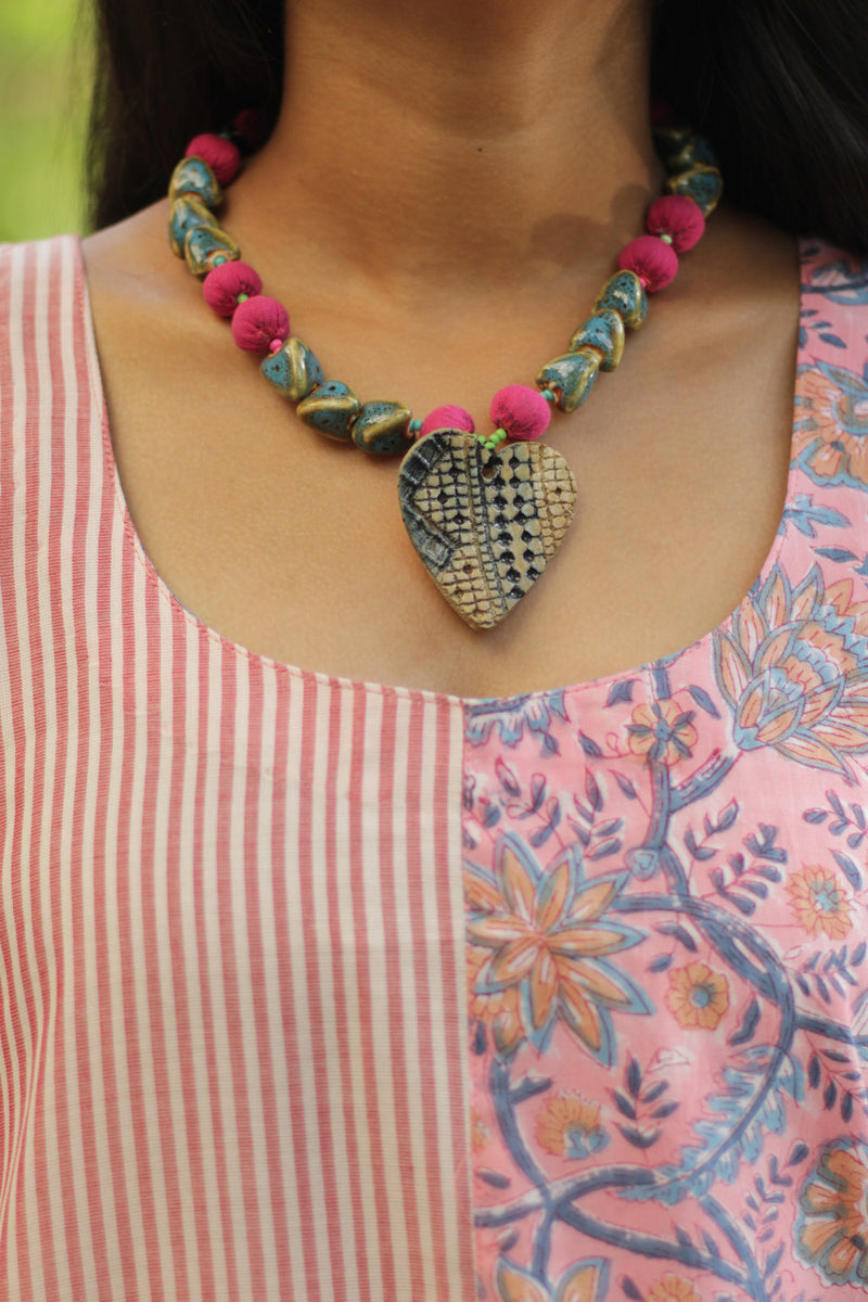 Necklace | Ceramic & Chindi beads | Heart pendant
