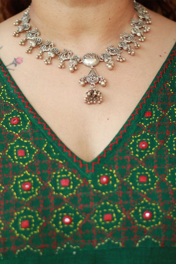 Nav Mayuri | Silver Necklace Set with Earrings