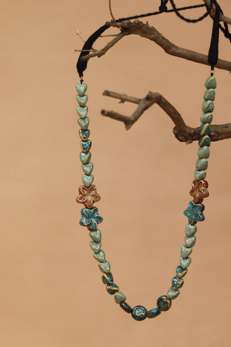 Necklace | Ceramic Beads | Floral Turquoise