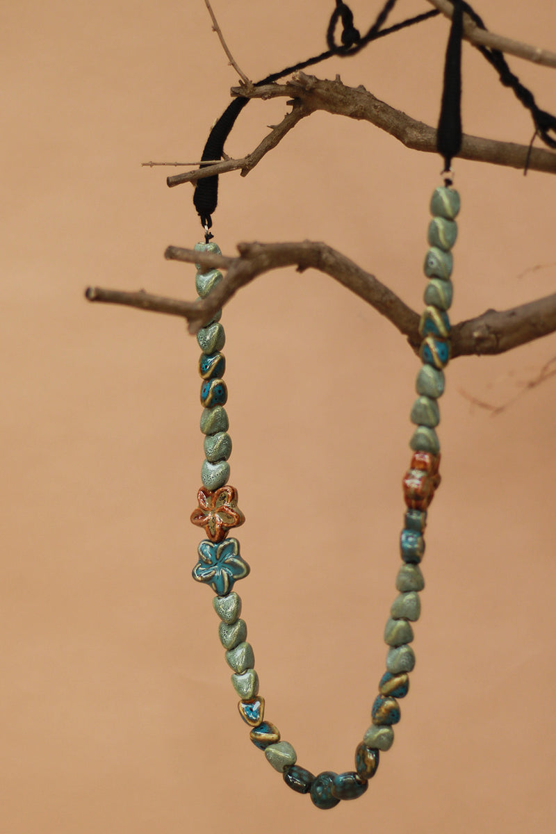 Necklace | Ceramic Beads | Floral Turquoise