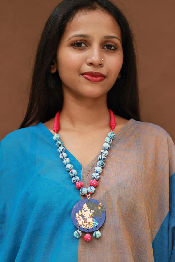 Rangili | Chindi Beads Necklace | Blue Handpainted Pendant