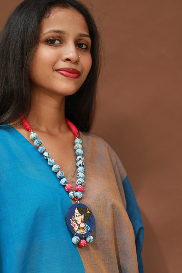 Rangili | Chindi Beads Necklace | Blue Handpainted Pendant