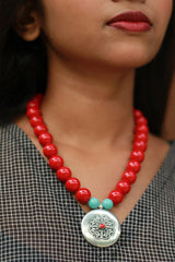 Necklace | Red Beads with Metal Pendant