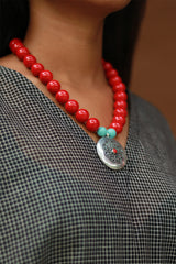 Necklace | Red Beads with Metal Pendant