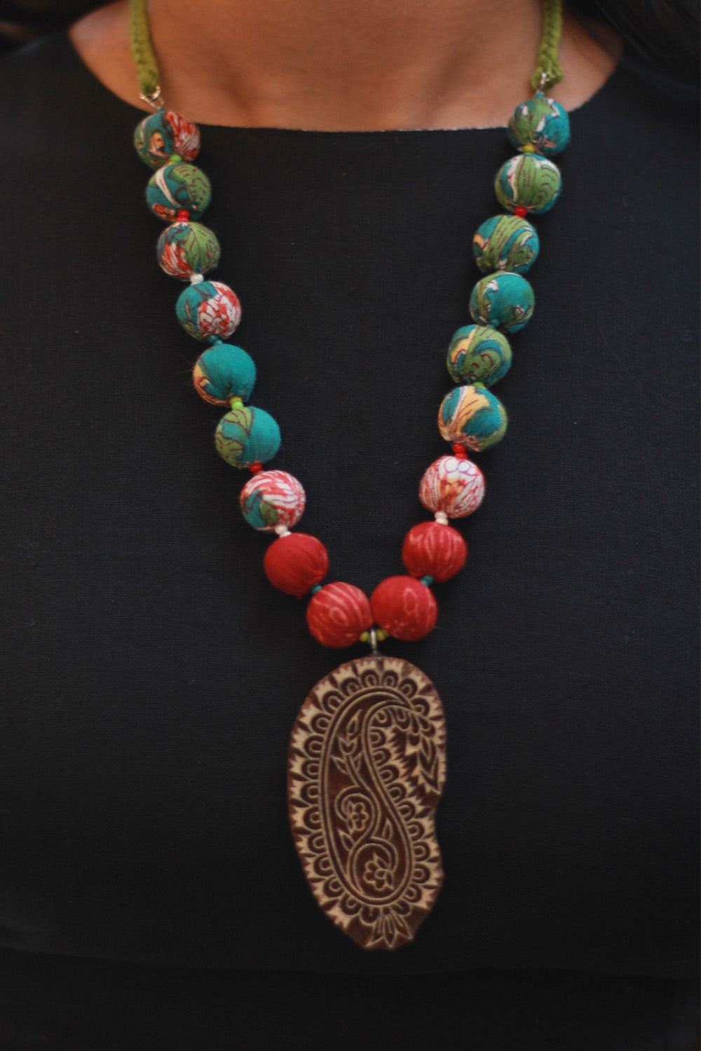 Rangili | Chindi Beads Necklace | Hand-block  Pendant