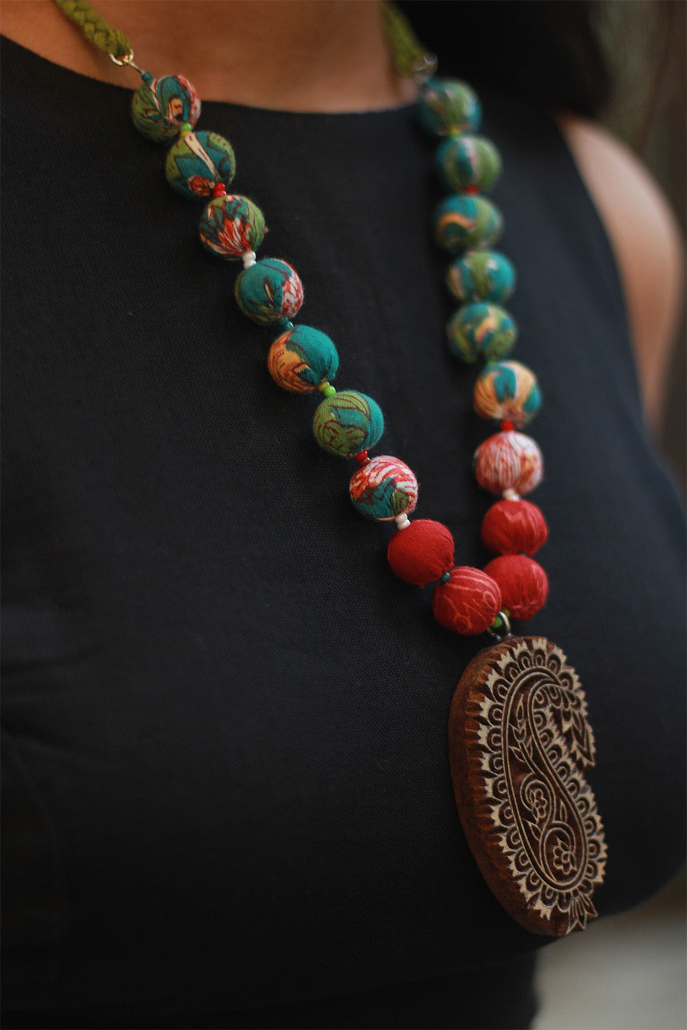 Rangili | Chindi Beads Necklace | Hand-block  Pendant