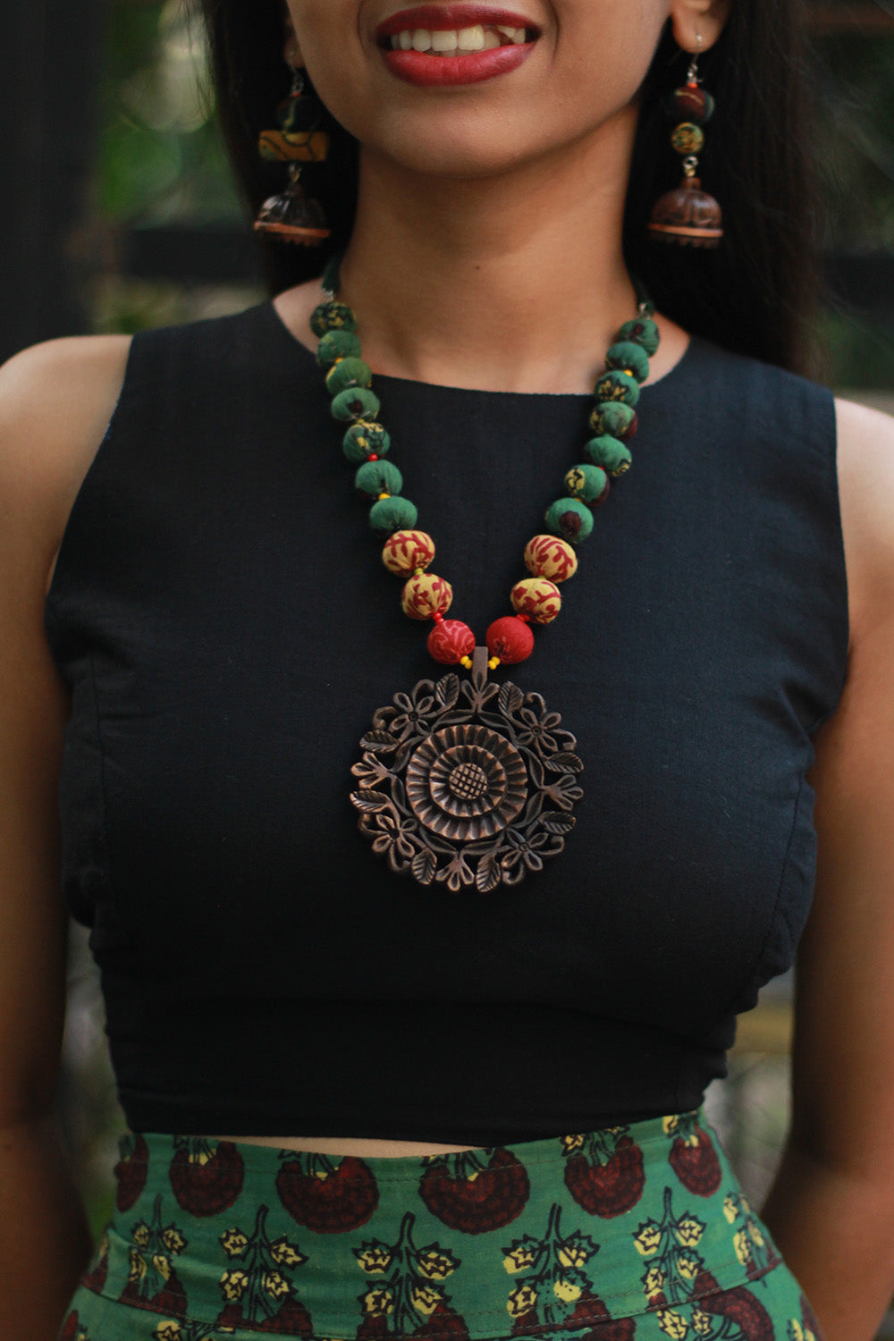 Rangili | Chindi Beads Necklace | Hand-Carved Wooden Pendant