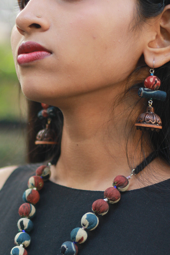 Nakhre | Chindi Potli Wooden Jhumka | Blue & Red