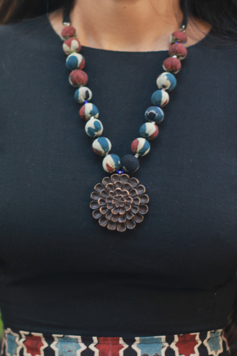 Rangili | Chindi Beads Necklace | Hand-Carved Wooden Pendant