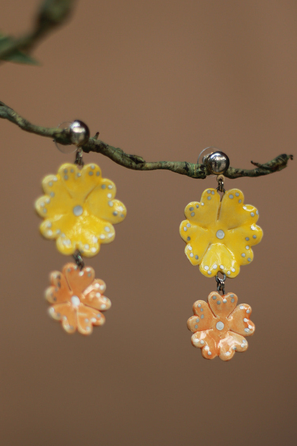 Sadhvi | Ceramic Double Flower Earrings | Yellow & Pale Orange