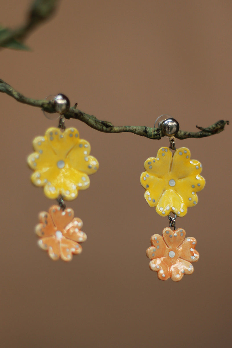Sadhvi | Ceramic Double Flower Earrings | Yellow & Pale Orange