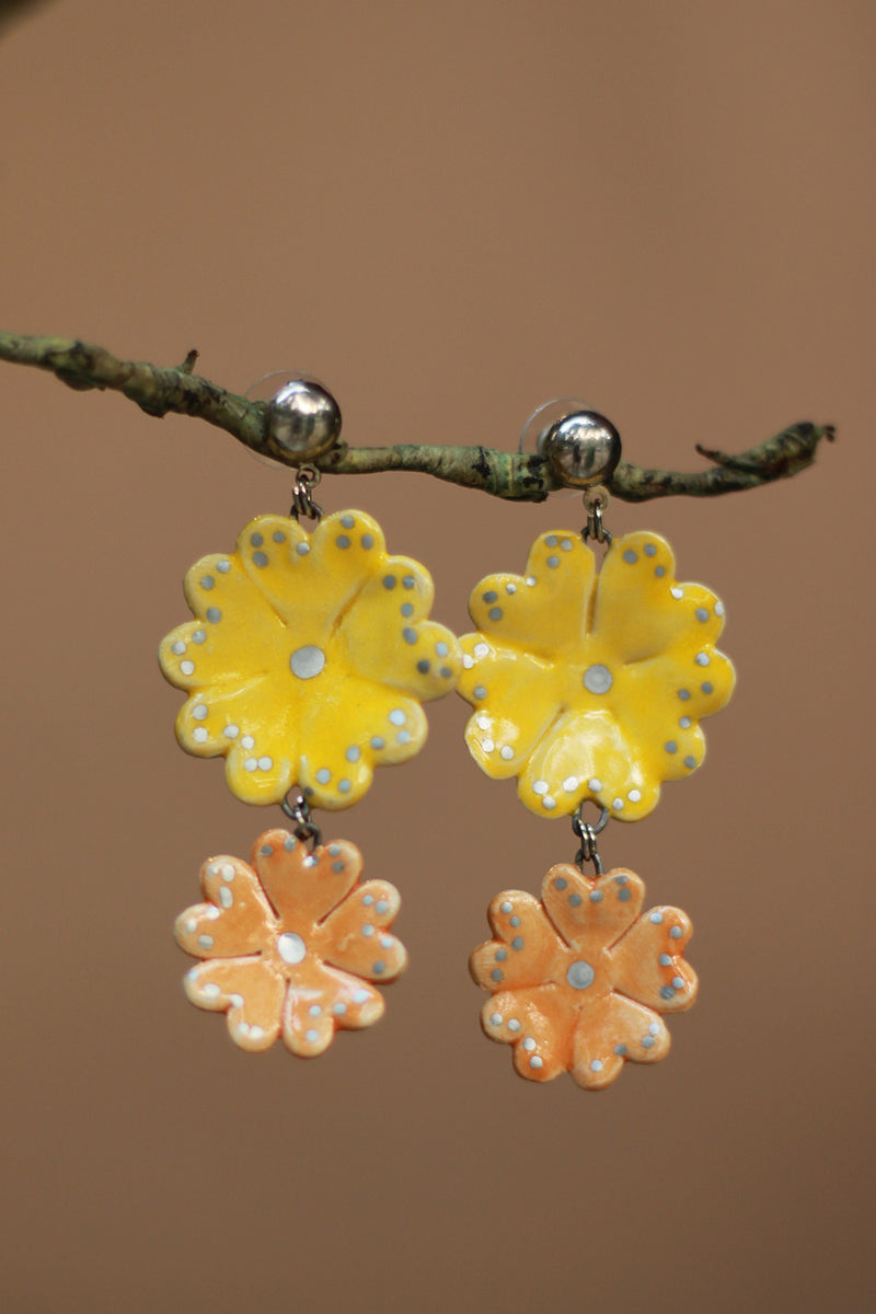 Sadhvi | Ceramic Double Flower Earrings | Yellow & Pale Orange