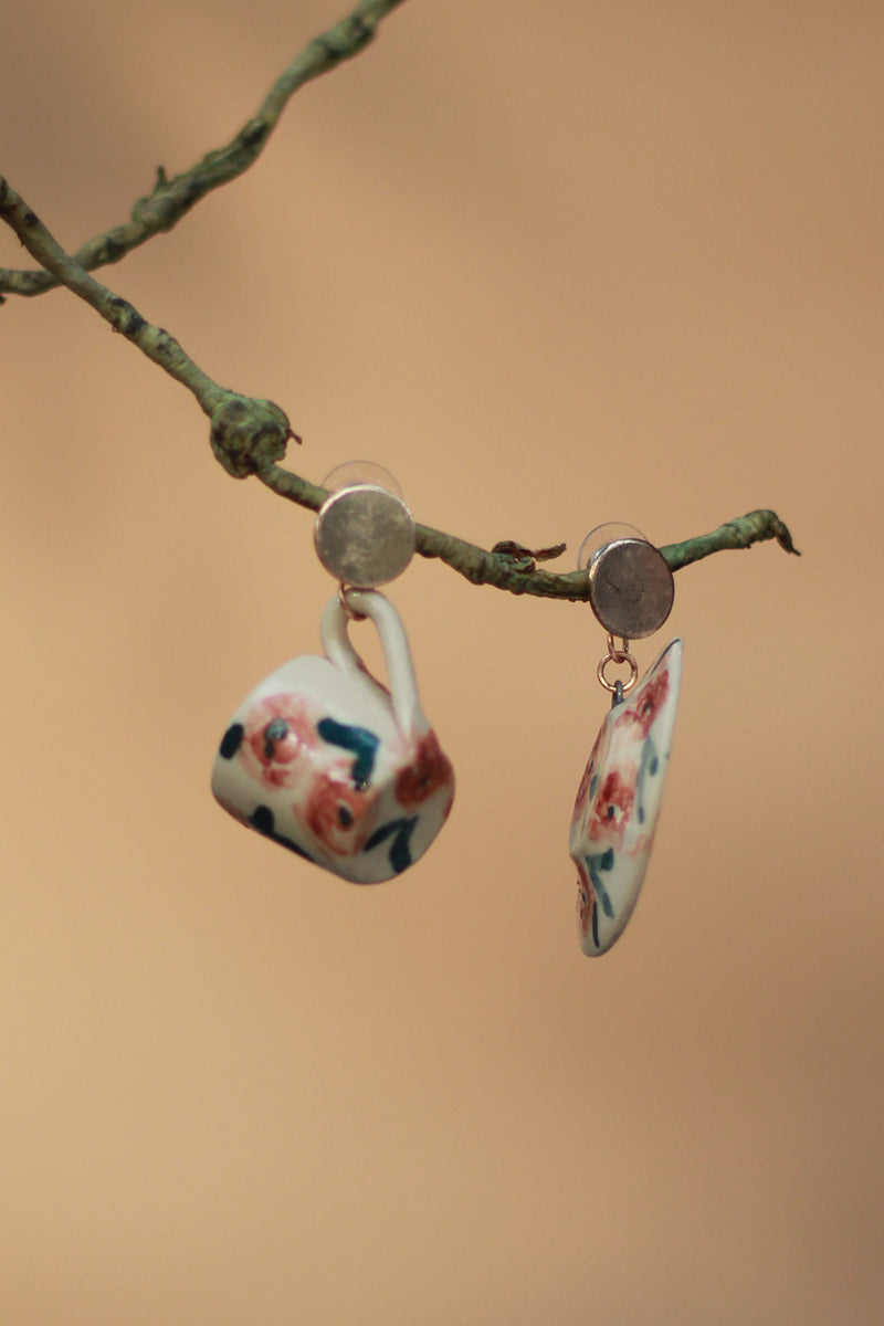 Sadhvi | Ceramic Cup & Saucer Earrings | Orange Flowers