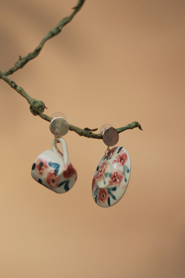 Sadhvi | Ceramic Cup & Saucer Earrings | Orange Flowers