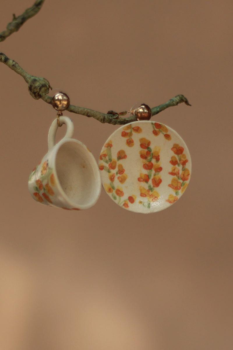 Sadhvi | Ceramic Cup & Saucer Earrings | Yellow Flowers