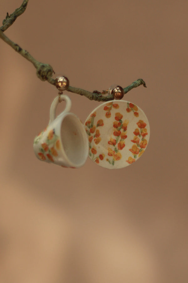 Sadhvi | Ceramic Cup & Saucer Earrings | Yellow Flowers