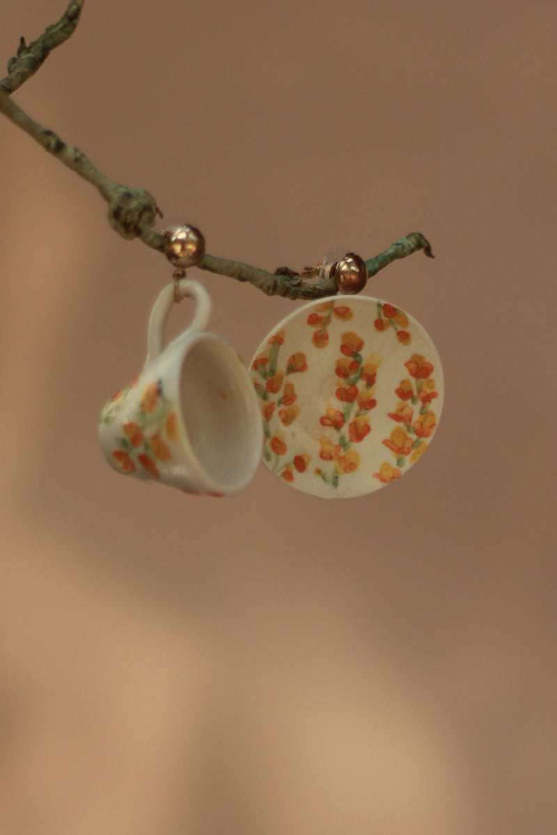 Sadhvi | Ceramic Cup & Saucer Earrings | Yellow Flowers