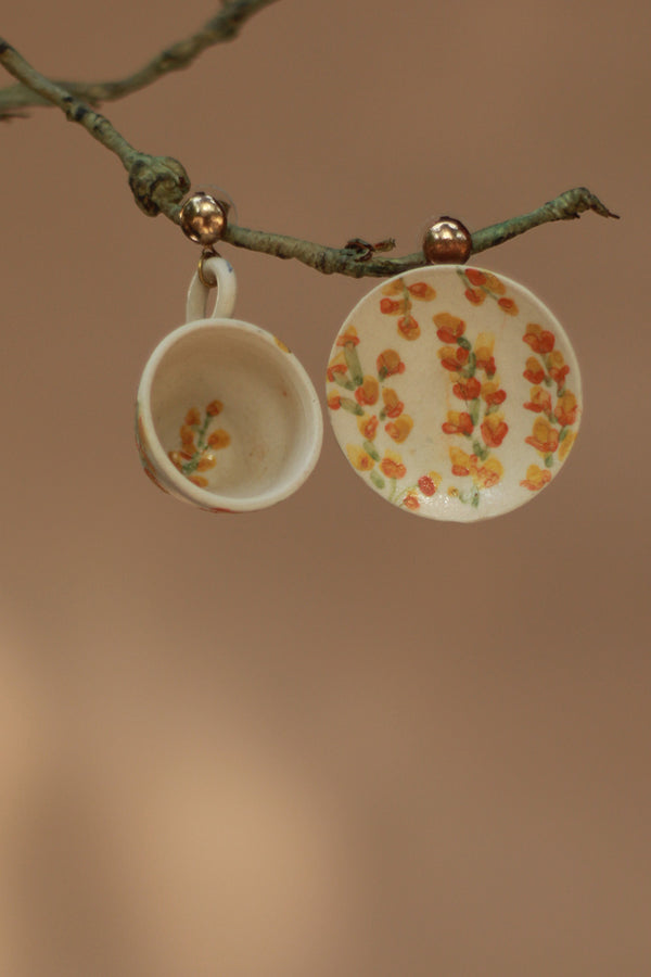 Sadhvi | Ceramic Cup & Saucer Earrings | Yellow Flowers