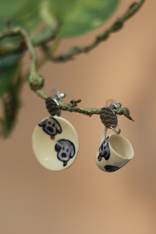 Sadhvi | Ceramic Cup & Saucer Earrings | Puppy