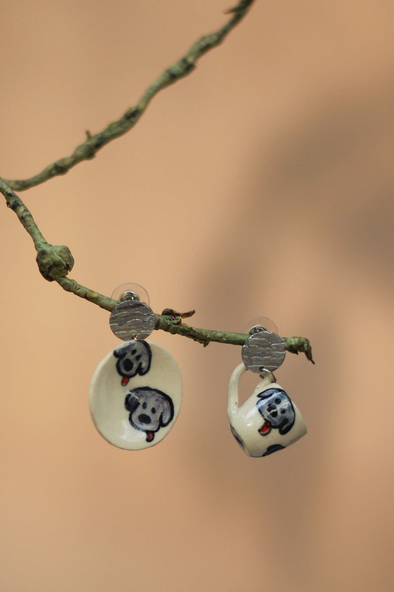 Sadhvi | Ceramic Cup & Saucer Earrings | Puppy