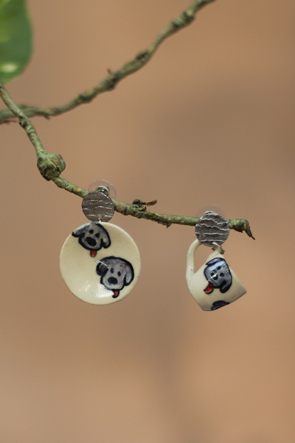 Sadhvi | Ceramic Cup & Saucer Earrings | Puppy