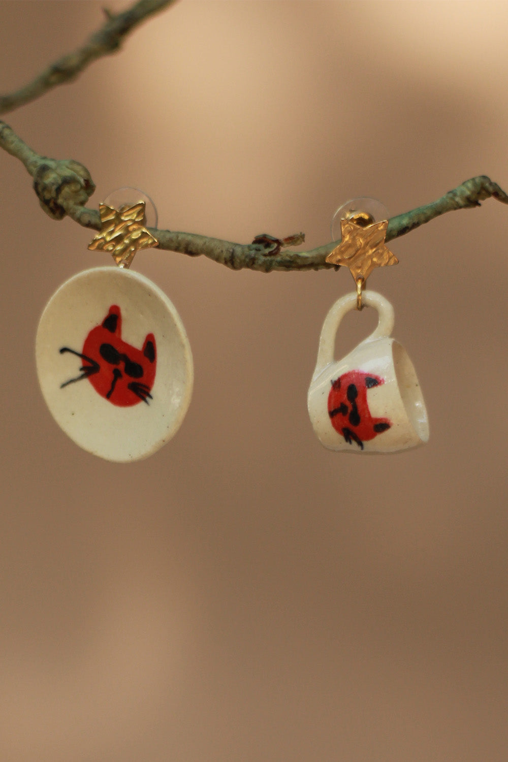 Sadhvi | Ceramic Cup & Saucer Earrings | Cat