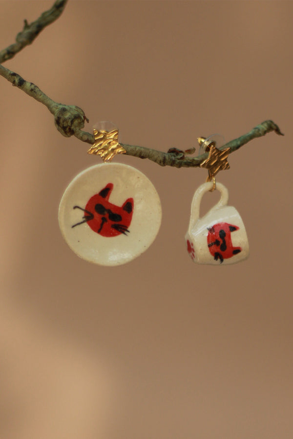 Sadhvi | Ceramic Cup & Saucer Earrings | Cat