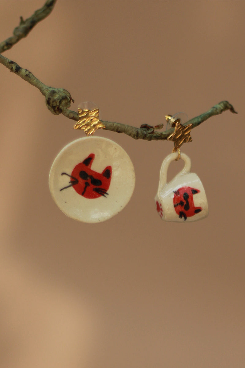Sadhvi | Ceramic Cup & Saucer Earrings | Cat