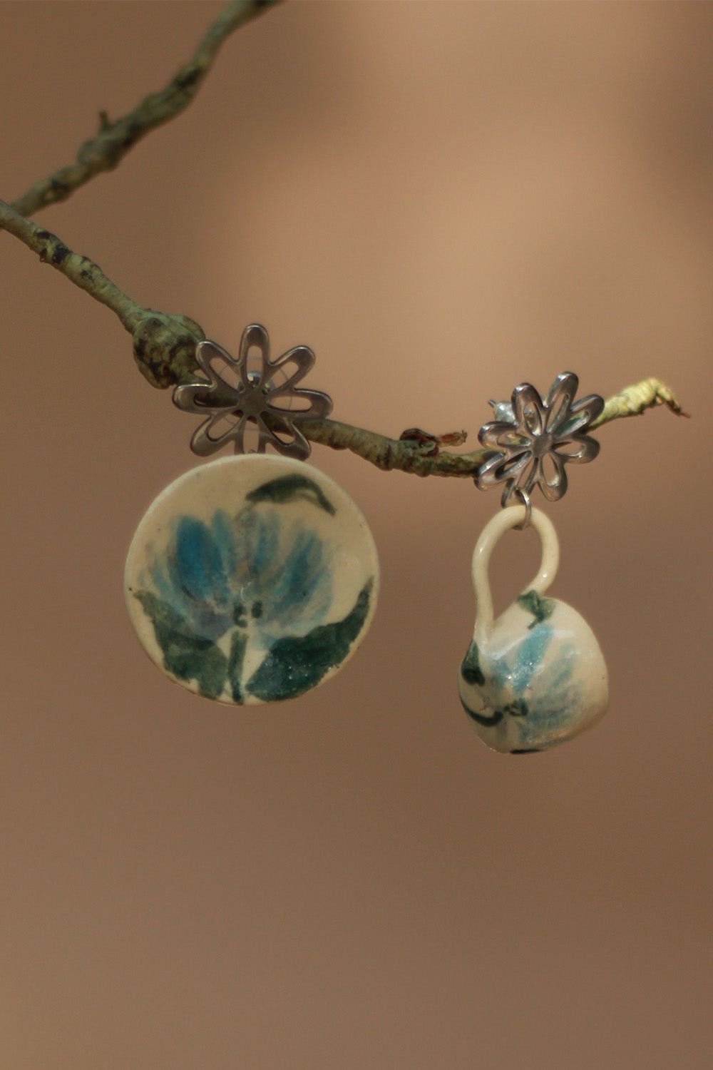 Sadhvi | Ceramic Cup & Saucer Earrings | Teal Flowers