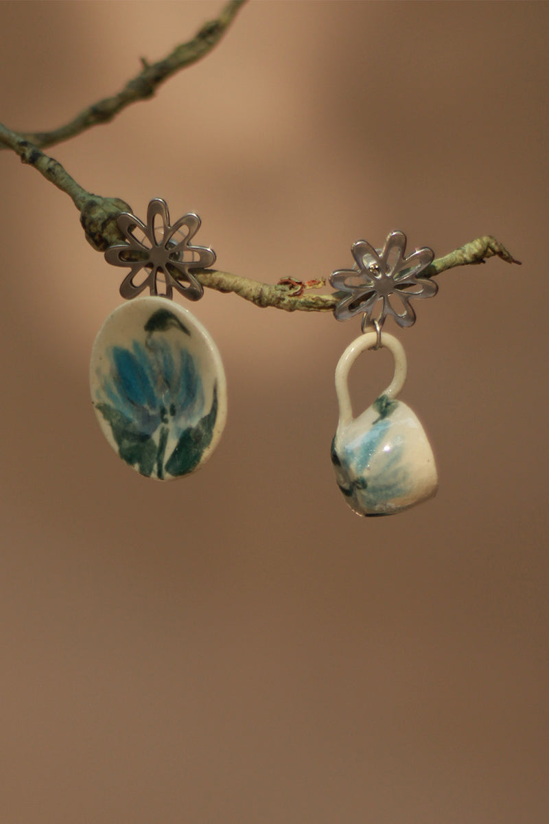 Sadhvi | Ceramic Cup & Saucer Earrings | Teal Flowers