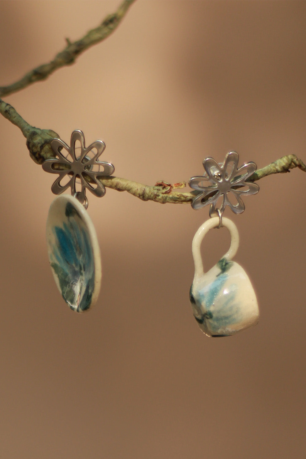 Sadhvi | Ceramic Cup & Saucer Earrings | Teal Flowers