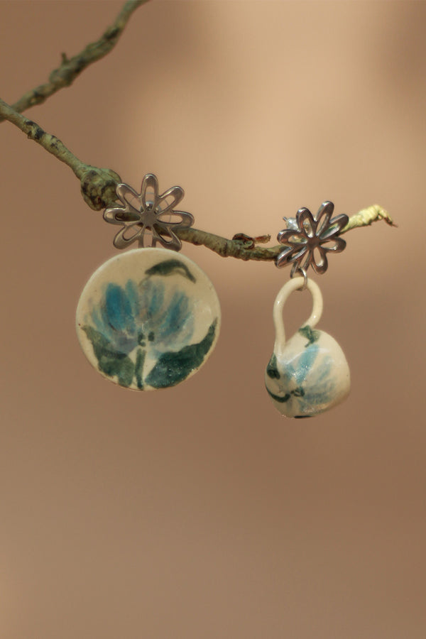 Sadhvi | Ceramic Cup & Saucer Earrings | Teal Flowers