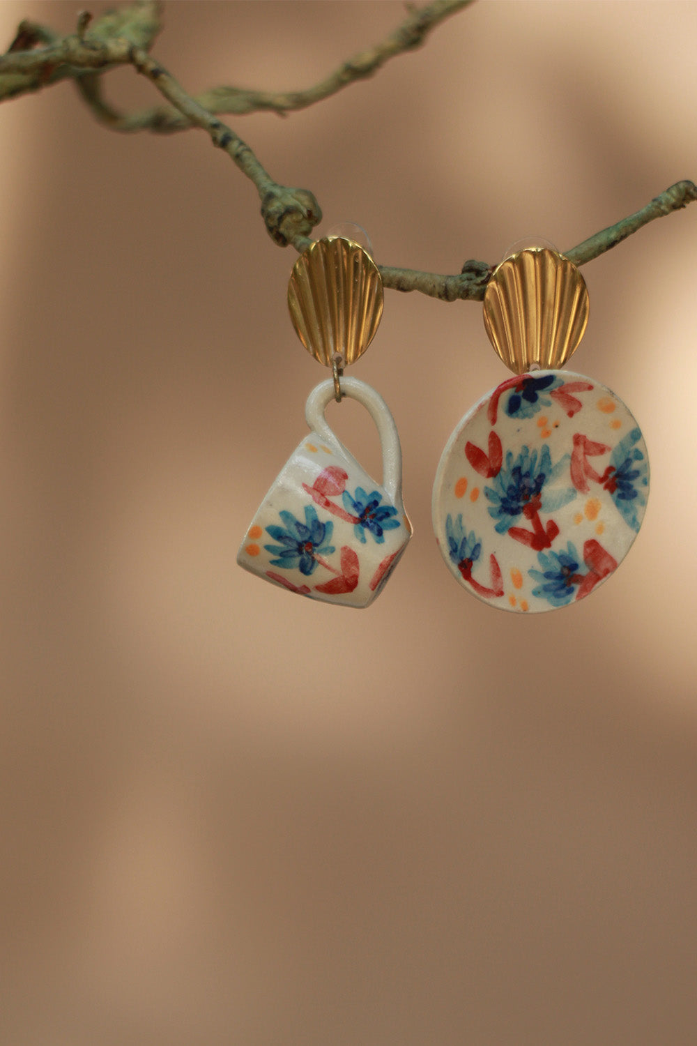 Sadhvi | Ceramic Cup & Saucer Earrings | Blue & Red Flowers