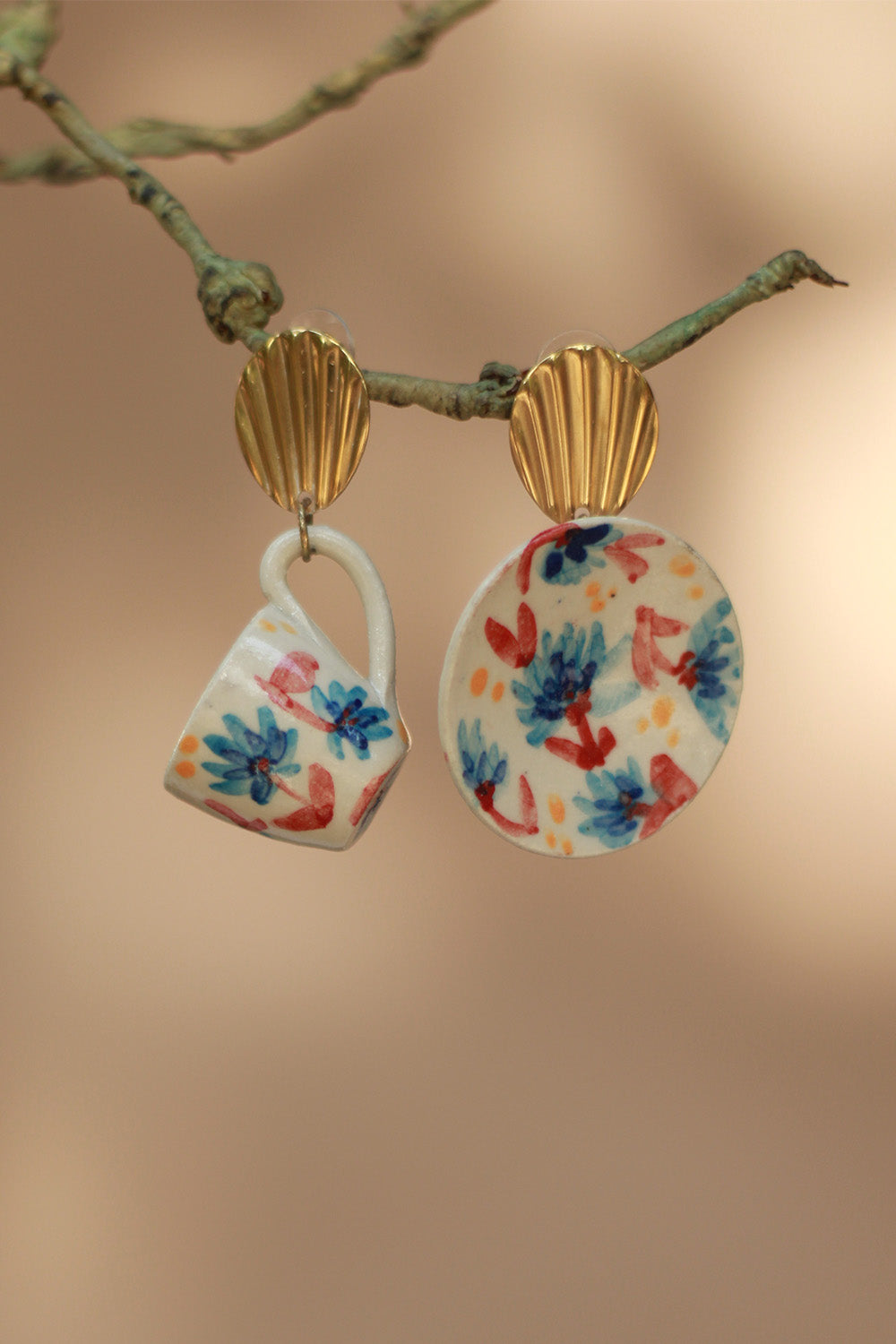 Sadhvi | Ceramic Cup & Saucer Earrings | Blue & Red Flowers