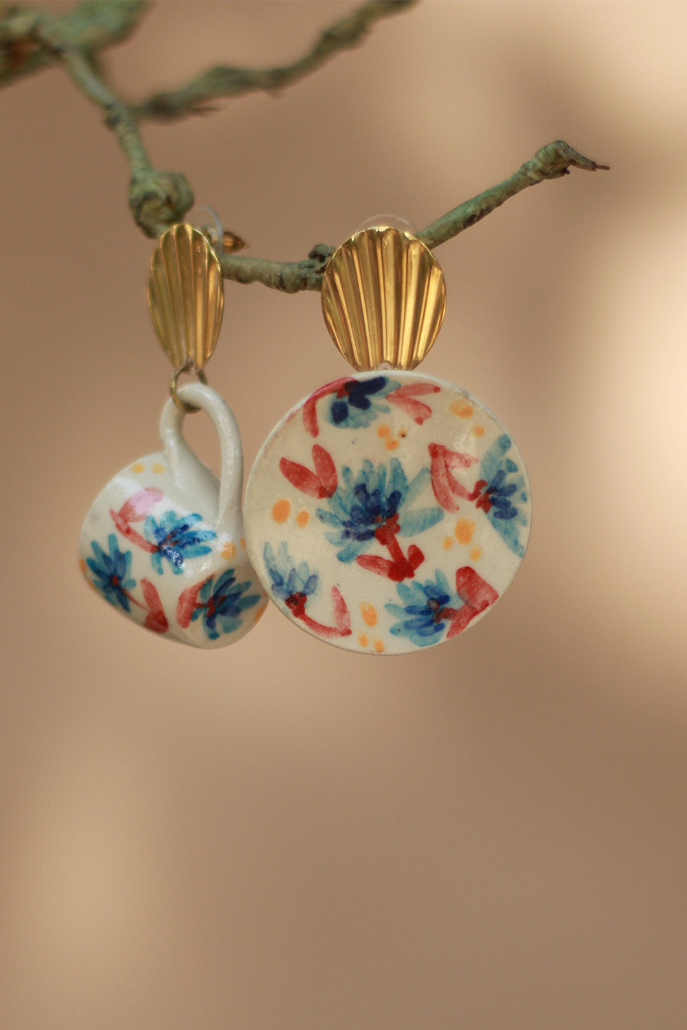 Sadhvi | Ceramic Cup & Saucer Earrings | Blue & Red Flowers