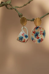 Sadhvi | Ceramic Cup & Saucer Earrings | Blue & Red Flowers