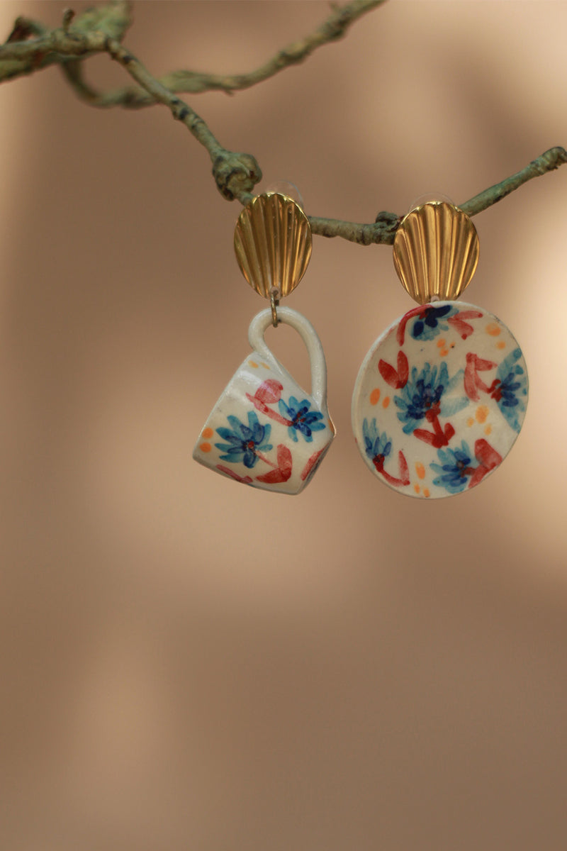 Sadhvi | Ceramic Cup & Saucer Earrings | Blue & Red Flowers