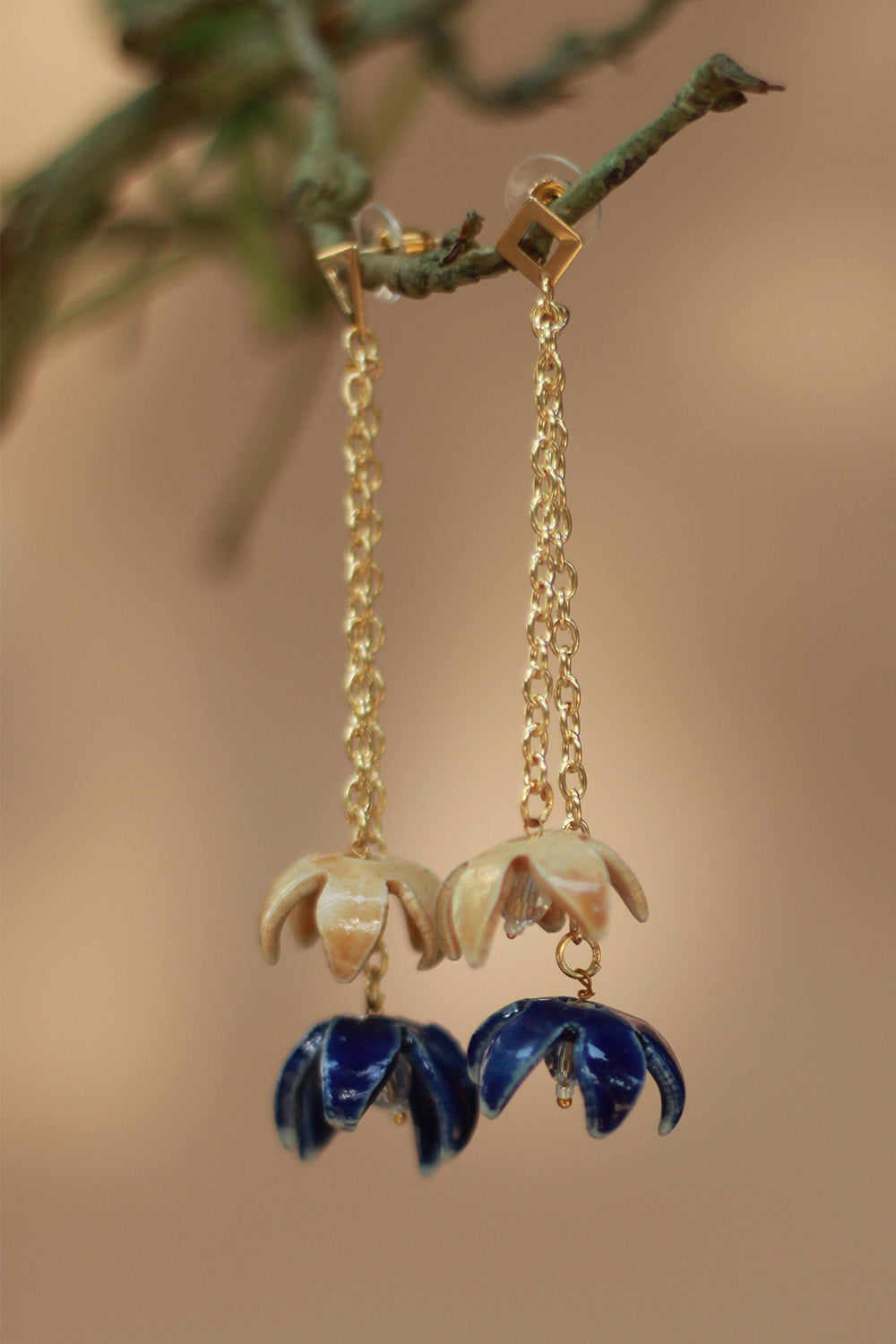 Sadhvi | Ceramic Double Bellflower Earrings | Orange & Blue