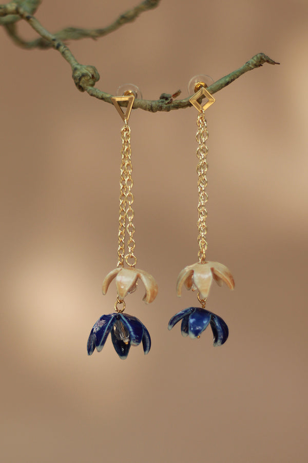 Sadhvi | Ceramic Double Bellflower Earrings | Orange & Blue