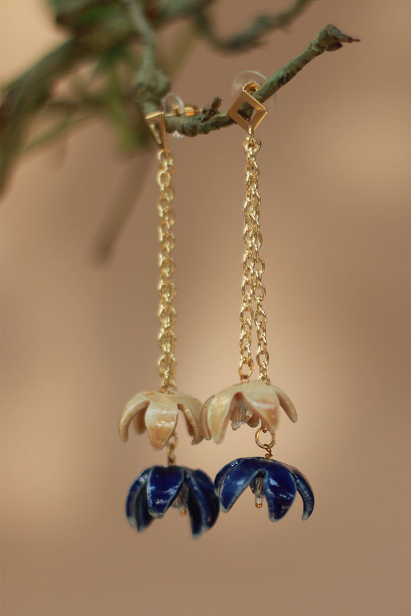 Sadhvi | Ceramic Double Bellflower Earrings | Orange & Blue