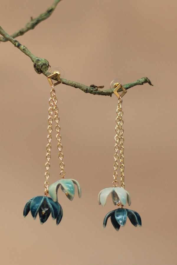 Sadhvi | Ceramic Double Bellflower Earrings | Sage Green & Teal